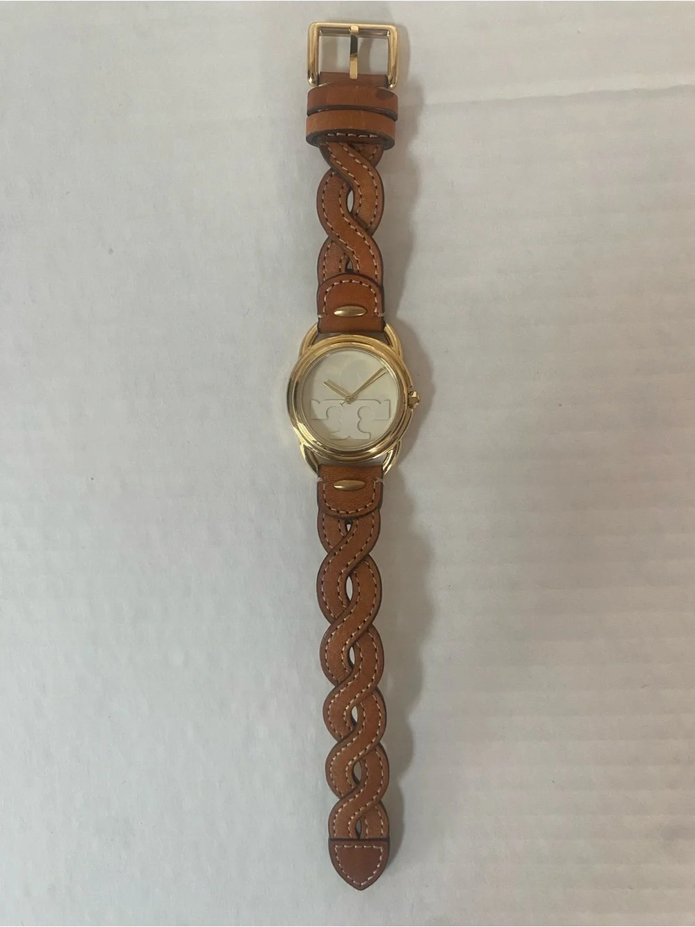 Tory Burch Braided Tan Leather Strap Watch with Gold Case